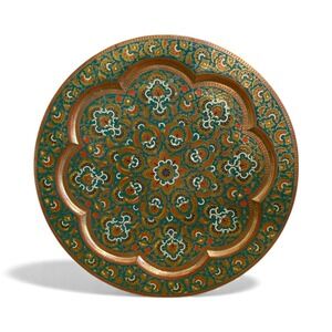 Vintage Indian Meenakari Copper Brass Plate Tray Bohemian Floral Design
